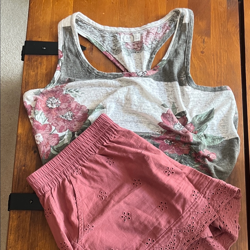 Maurices Floral Olive Green and Salmon Pink tank/short Set